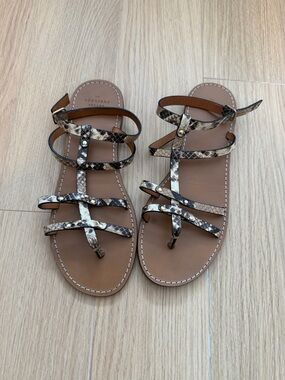 Sezane Snake-Print Strappy Sandals in Tan and Black